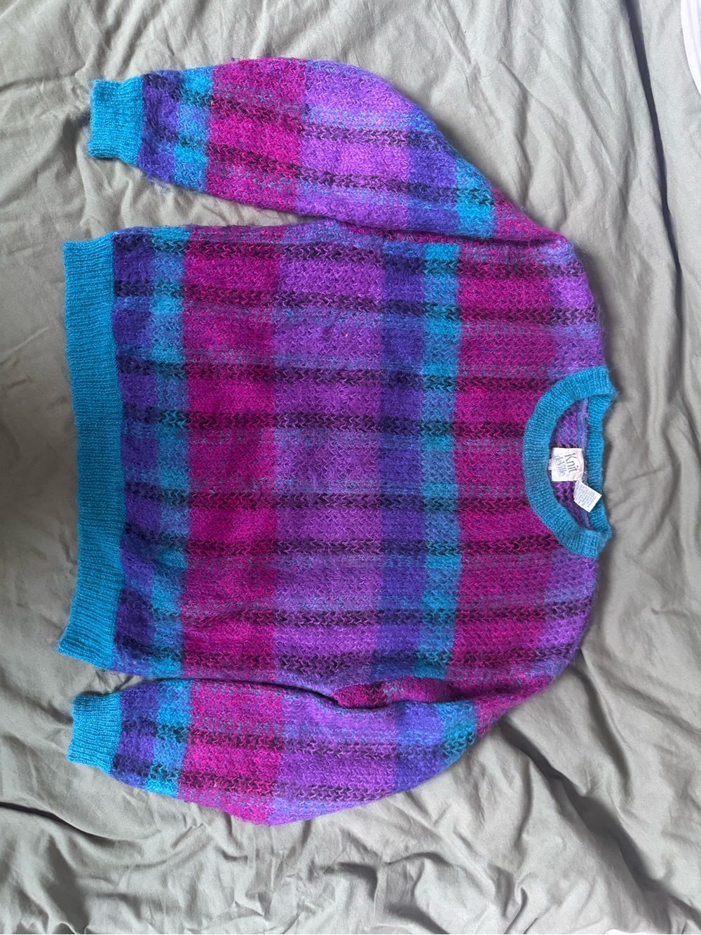 Fuzzy Multicolor Crewneck Sweater - Teal, Purple & Pink